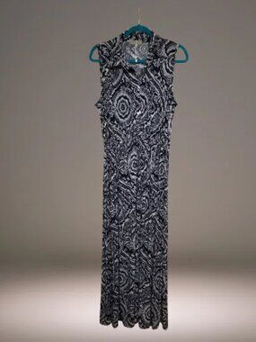 Ace Fashion Women’s Plus Size 2X Navy White Paisley Collared Maxi Dress